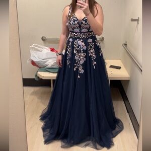 Navy Blue Prom dress with purple flower details!